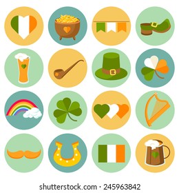  Big set of vector concept circle icons of Happy Saint Patrick's Day. Illustration including Irish flag, clover leaves, leprechaun hat, pot of gold, rainbow, balloons and so on. Flat design. 