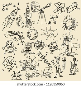 big set of vector contour of childrens drawings on the theme of space, planets, astronauts, the aliens, the technique of rockets, DNA, space exploration technical means