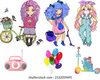 big set of vector cute cartoon illustrations of anime girls. stickers