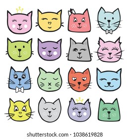 Big set of vector cute cats. A colorful collection of animals for design and printing. Funny illustrations drawn by hand.