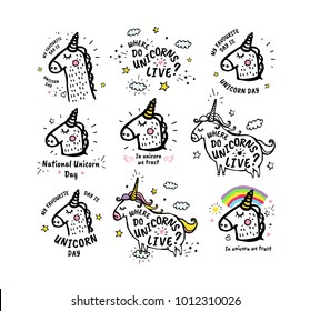 Big set of Vector cute doodles illustrations with text and graphic design elements, fancy. Trendy characters collections. My favourite day is unicornday. Where do unicorns live. In unicorn we trust