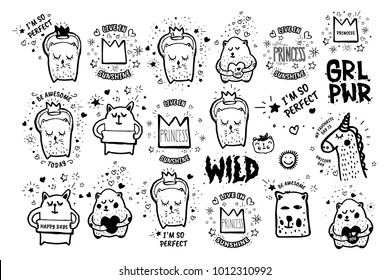 Big set of Vector cute doodles illustrations with text and graphic design elements, fancy fantasy animals. Trendy characters collections for kid stickers, print