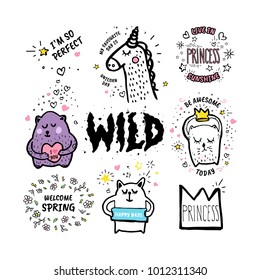 Big set of Vector cute doodles illustrations with text and graphic design elements, fancy fantasy animals. Trendy characters collections for kid stickers, print