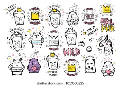 Big set of Vector cute doodles illustrations with text and graphic design elements, fancy fantasy animals. Trendy characters collections for kid stickers, print