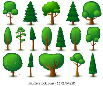 Big set of vector deciduous and coniferous trees. Game UI flat. Stylized tree for logo design, clothing decor, creating 2D games or cards. Isolated illustration on a white background.