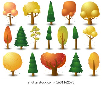 Big set of vector deciduous and coniferous trees in autumn season. Game UI flat. Template for logo design, clothing decor, creating 2D games or cards. Isolated illustration on a white background.