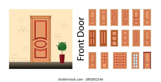 Big set  vector doors. Front doors in orange. Doors with or without glass. Building interior and exterior architectural element. Modern Doors Flat Design.