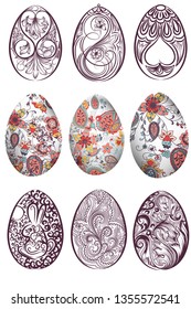 Big set of vector Easter eggs decorated with swirls