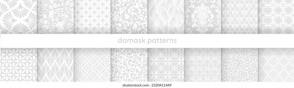 Big set of vector elegant damask patterns. Vintage royal patterns with a label. Seamless vector patterns.