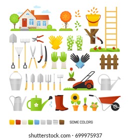 Big set of vector elements for gardening in a flat style. Country house and garden tools.