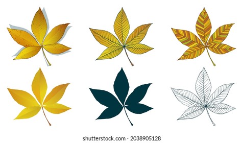 Big set of vector fall tree leaf shapes drawing in different styles: hand-drawn sketch, silhouette, flat, cartoon are isolated on white background. Yellow chestnut leaves coloring sheet.