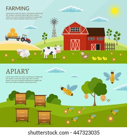 Big set of vector farm and apiary elements and animals background.