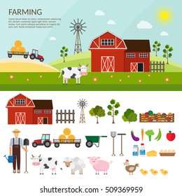 Big Set Of Vector Farm Elements And Animals Background.