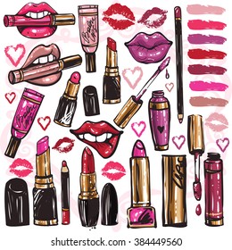 Big set of vector fashion sketches. Hand drawn glossy lipstick, lip gloss, balm, lip pencil, lipliner. Isolated elements on white background