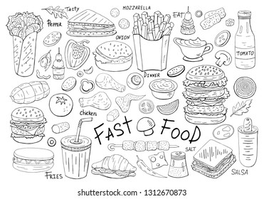Big set  vector fast food elements on white background. Black and white elements