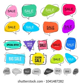 Big Set of vector flat colorful, black and white speech bubble shaped banners, price tags, stickers, posters, badges. Isolated on white background