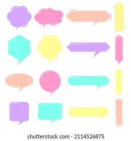 Big Set of vector flat colorful speech bubble shaped banners, price tags, stickers, posters, badges. Isolated on white background. Doodle text shapes design elements. Soft trendy colors