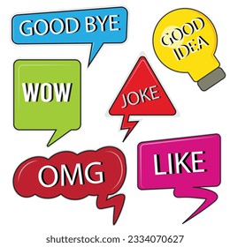 Big Set of vector flat colorful, black and white speech bubble shaped banners, price tags, stickers, posters, badges. Isolated on white background