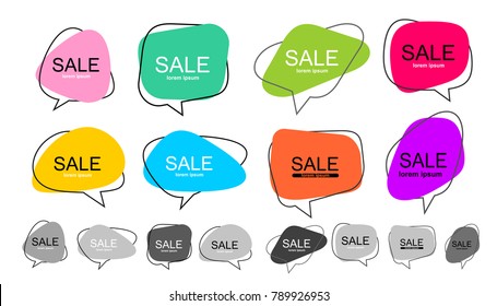 Big Set of vector flat colorful, black and white speech bubble shaped banners, price tags, stickers, posters, badges. Isolated on white background