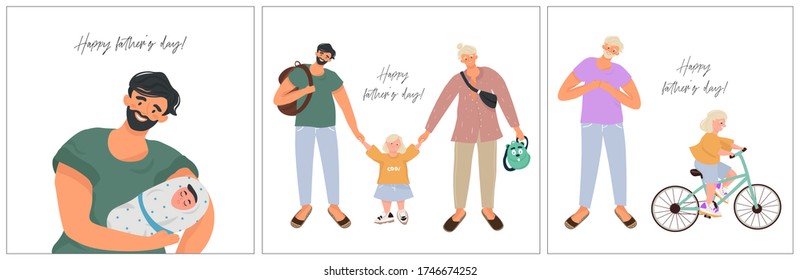 Big set vector flat illustrations for father's day in cartoon style! Modern homosexual couple and daughter. A non-standard family with two fathers. 