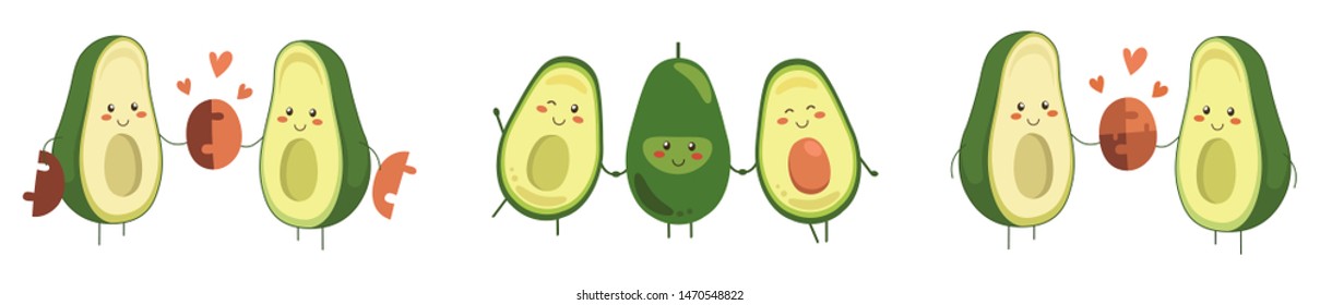 Big set of vector fruit smiling characters holding hands. Avocado couple in love with flying hearts isolated on white background. Kawaii style. Friends forever. Love and friendship