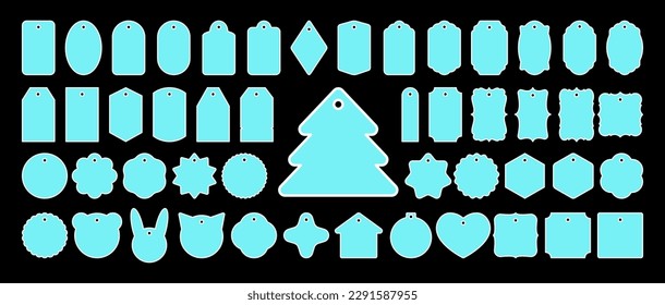 Gran conjunto de etiquetas de regalo vectorial, pegatinas, tarjeta de nombre, etiqueta de descuento con borde blanco. Plantillas para cortadores de cookies o etiquetas vintage. Etiqueta de papel Kraft para envoltura de regalo en estilo retro.