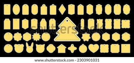 Big set of vector gift tags, stickers, name card, discount label with white border and stitch imitation. Templates for cookie cutters or vintage labels. Label for gift wrapping in retro style.