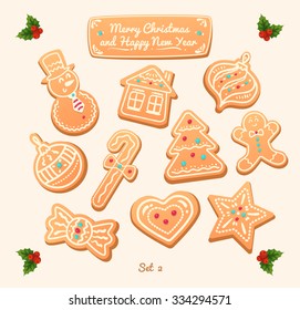 Big set of vector gingerbread cookies on white background. Snowman, snowflake, star, man, candy shapes, house, heart.