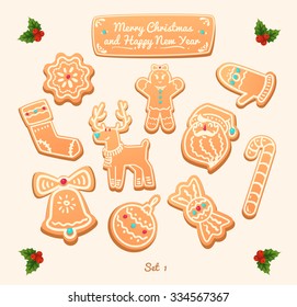 Big set of vector gingerbread cookies on white background. Vector illustration. Happy New Year and Merry Christmas. 