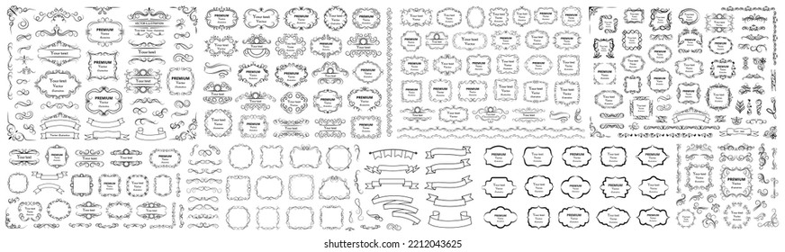 Big set of vector graphic elements for design. Decorative swirls or scrolls, vintage frames , flourishes, labels and dividers. Retro vector illustration.