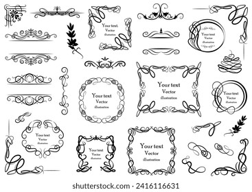 Big set of vector graphic elements for design. Decorative swirls or scrolls, vintage frames , flourishes, labels and dividers. Retro vector illustration.