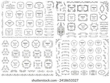 Big set of vector graphic elements for design. Decorative swirls and scrolls, vintage frames , flourishes, labels and dividers.