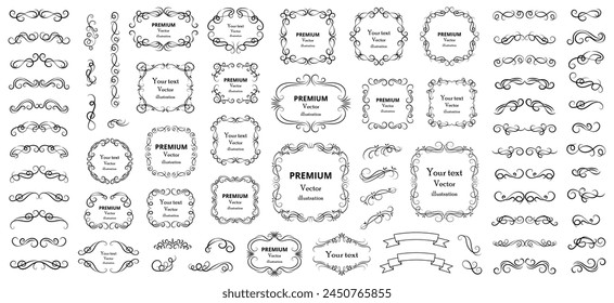 Big set of vector graphic elements for design. Decorative swirls or scrolls, vintage frames , flourishes, labels and dividers. Retro vector illustration.