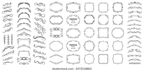 Big set of vector graphic elements for design. Decorative swirls or scrolls, vintage frames , flourishes, labels and dividers. Retro vector illustration.