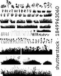 Big set of the vector grass and flowers. Field, forest, lawn, plot, wild, thick, tall and short plants, whear ears hand drawn silhouettes.