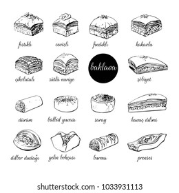 Big set of vector hand drawn illustrations with turkish dessert Baklava. Assorted sweets black outline isolated on white. Mix of different pastry products for menu, card, flyer, poster design