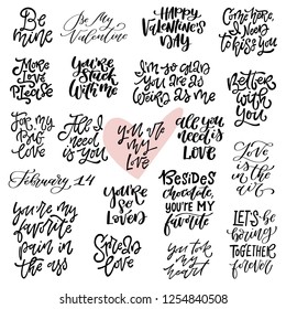 Big set of vector hand drawn inspirational love quotes and phrases for Valentine's Day. Vector illustration. Perfect for postcard design