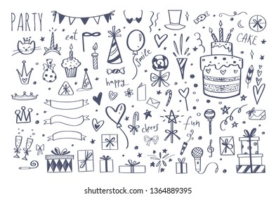 Big set of vector hand drawn party elements. Isolated objects for birthday, festival, carnival and other. 