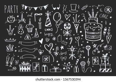 Big set of vector hand drawn party elements. Isolated objects for birthday, festival, carnival and other. 