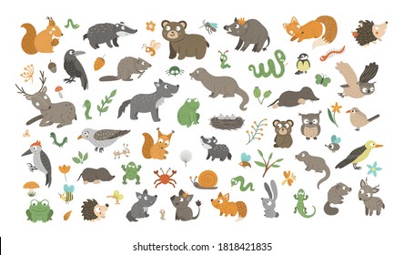 Big set of vector hand drawn flat woodland animals, their babies, birds, insects and forest clipart. Funny animalistic collection. Cute illustration with bear, fox, squirrel, deer, hedgehog.
