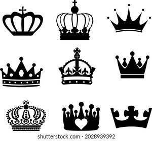 Big set of vector hand drawn filigree crowns in vintage style. Queen king crowns
