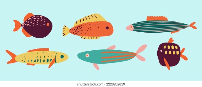 Big set of vector hand drawn cute fishes in flat style. Fishes body, vector icons. Vector illustration for icon, logo, print, icon, card, emblem, label. Aquarium.