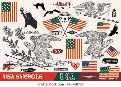 Big set of vector hand drawn USA symbols in vintage style. Eagles, wreath and flags