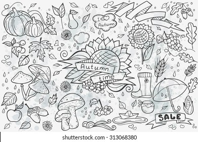 Big set of vector hand-drawn doodles of objects and ellements on autumn theme