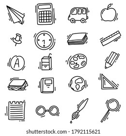 Big set of vector hand-drawn school icons. Studying set of line illustrations. Apple, clock, paper, glasses, brush, calculator, book, globe, liner, pencil, marks, sandwich, bus, lesson