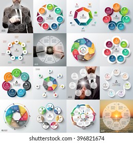 Big set of vector heptagons, circles and other elements for infographic. Template for cycle diagram, graph. Business concept with 7 options, parts, steps. Blur vector background.