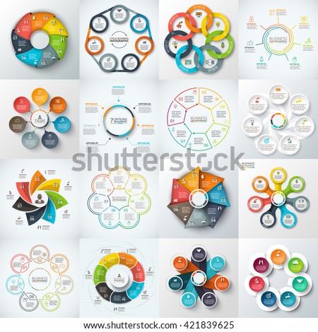 Big set of vector heptagons, circles and other elements for infographic. Template for cycle diagram, graph. Business concept with 7 options, parts, steps.