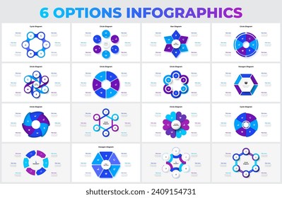 Big set of vector hexagons, circles, arrows and abstract elements for cycle infographic with 6 options, steps or processes