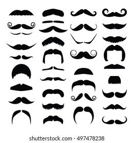 Big set of vector hipster mustache. Collection of cartoon barber silhouette hairstyle . Various types of whiskers