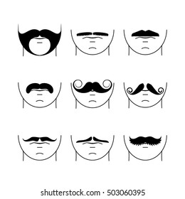 Big set of vector hipster mustache. Collection of cartoon barber silhouette hairstyle . Various types of whiskers